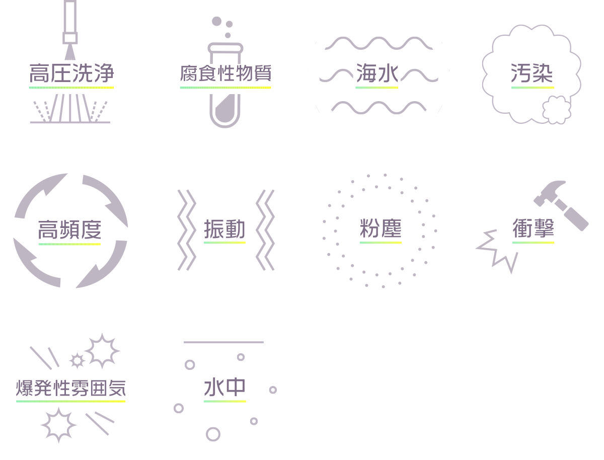 高圧洗浄/腐食性物質/海水/汚染/高頻度/振動/粉じん/衝撃/爆発性雰囲気/水中